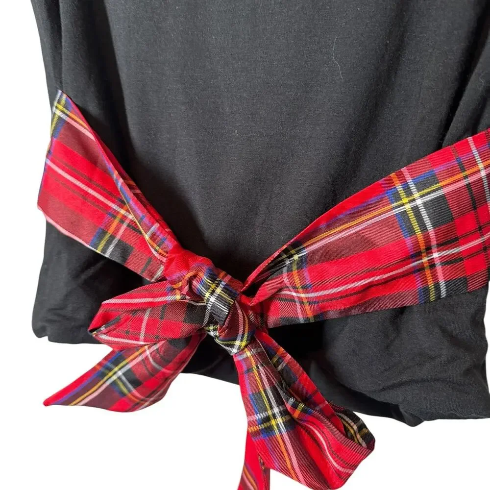 J. Crew Form Knit‎ Long Sleeve Wrap Top Black with Plaid Waist Tie XS Holiday